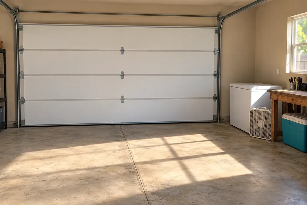 White insulated garage door beside a chest freezer, workbench and floor fan in afternoon light