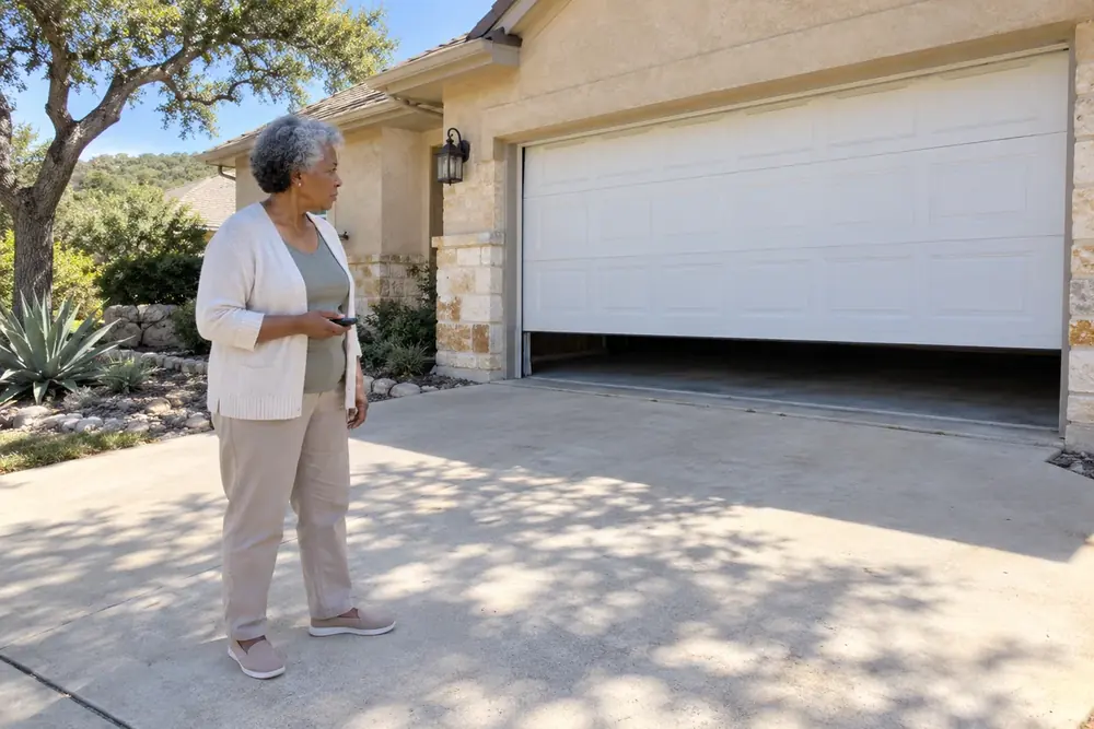 Woman holding a remote looks at a white garage door stopped just above the driveway.