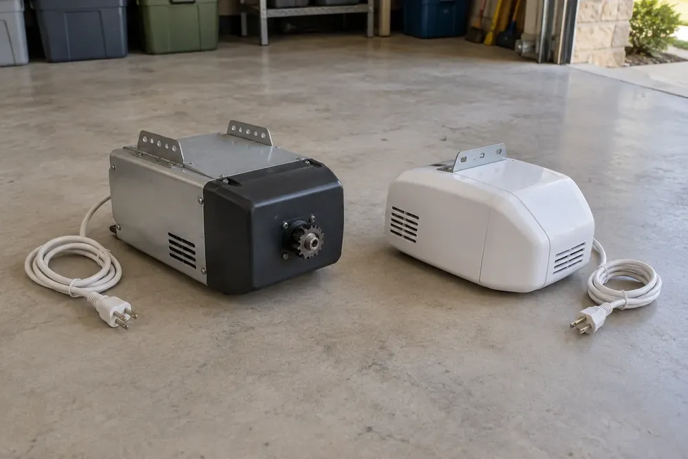 Two garage door opener units with metal and white housings sit beside coiled cords.