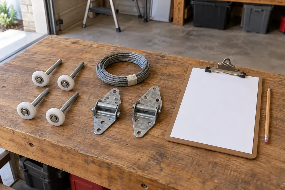 Nylon rollers, coiled lift cable, steel hinges and a blank clipboard on a wooden workbench