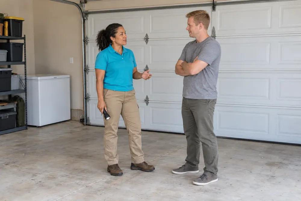 Technician holding a flashlight explains a garage door problem to a homeowner.