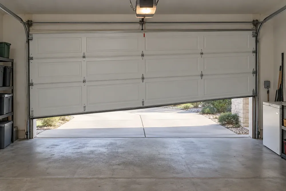 Partly open white garage door hanging lower on its left side