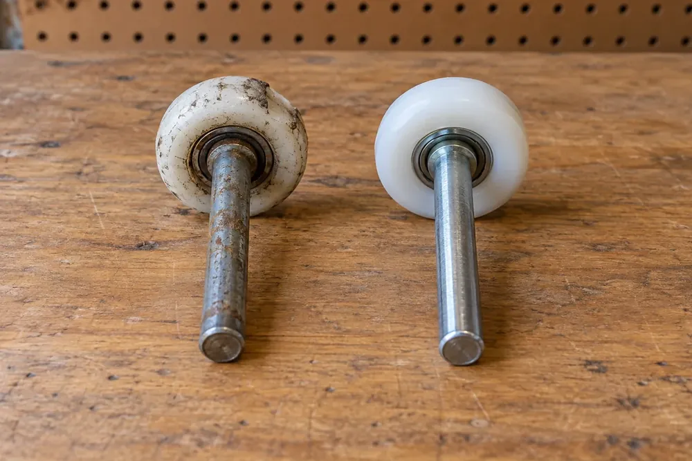 Worn and new white nylon garage door rollers on a wooden workbench