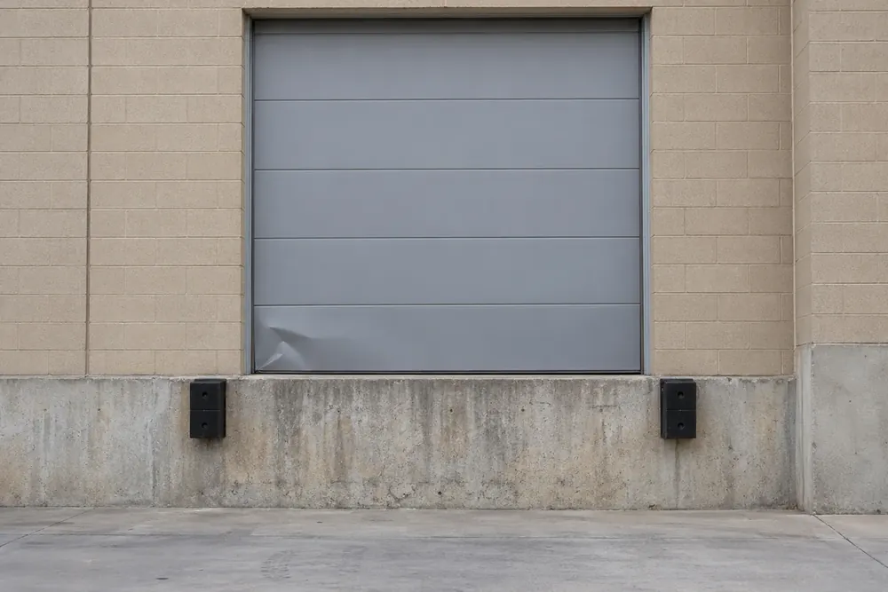 Closed grey loading dock door with a creased bottom section and black bumpers