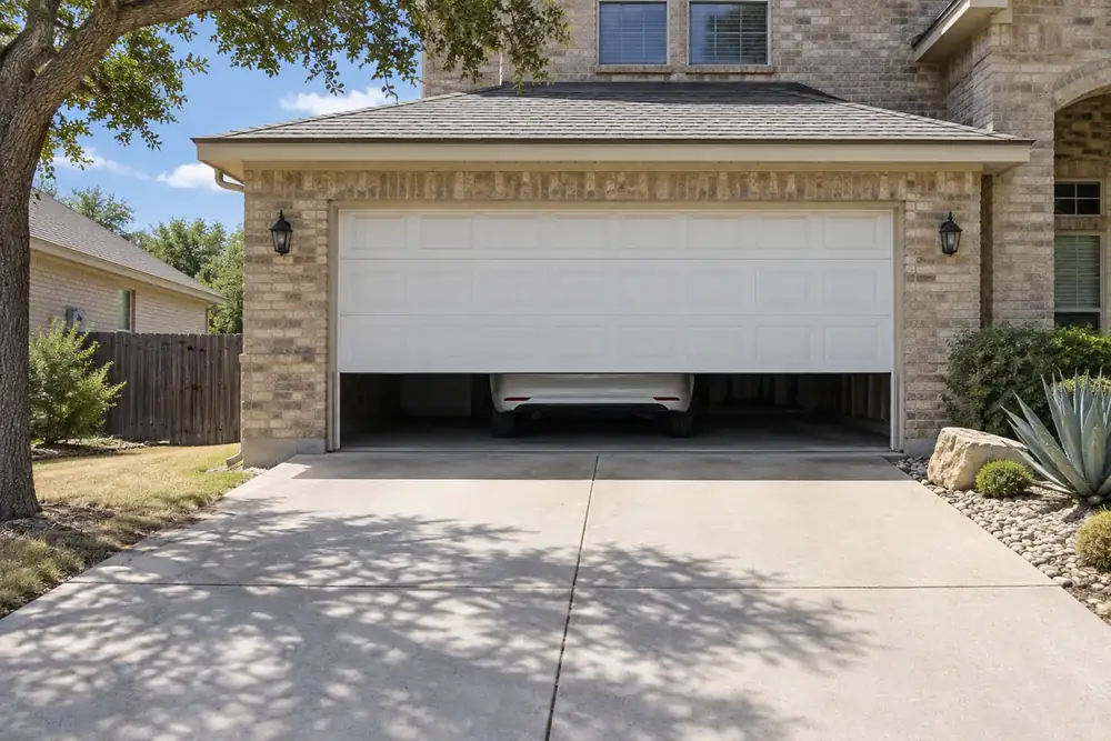 White garage door stopped about two feet open above the driveway of a limestone home