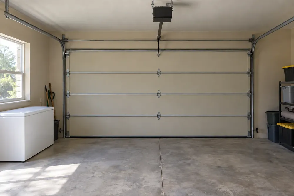 Newly installed beige garage door with its opener and tracks inside a clean two-car garage