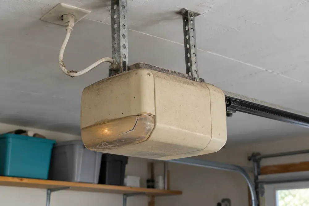 Old ceiling mounted opener with a cracked light cover and frayed power cord