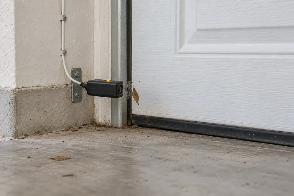 Garage door safety sensor with cobwebs and a leaf near its lens