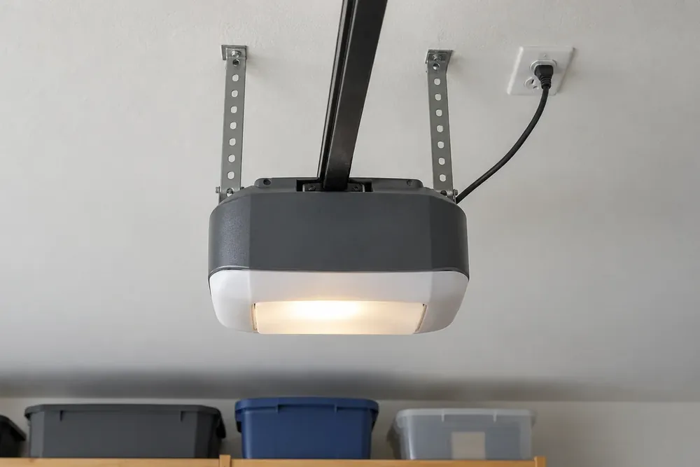 Ceiling-mounted opener with its light on and a straight rail