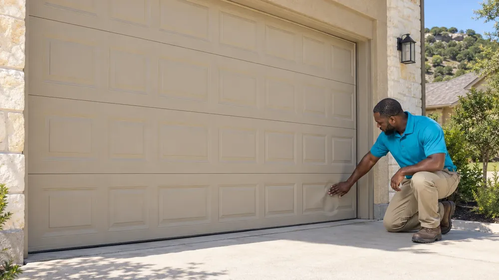 Technician kneeling beside a beige garage door and checking a dented bottom section
