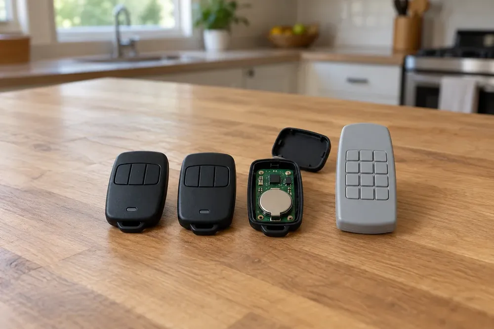 Three black garage door remotes, an exposed coin battery and a grey keypad