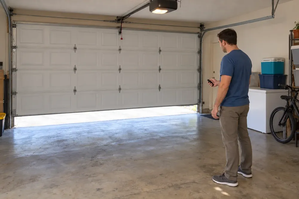 Homeowner holding a remote behind a garage door stopped near the floor