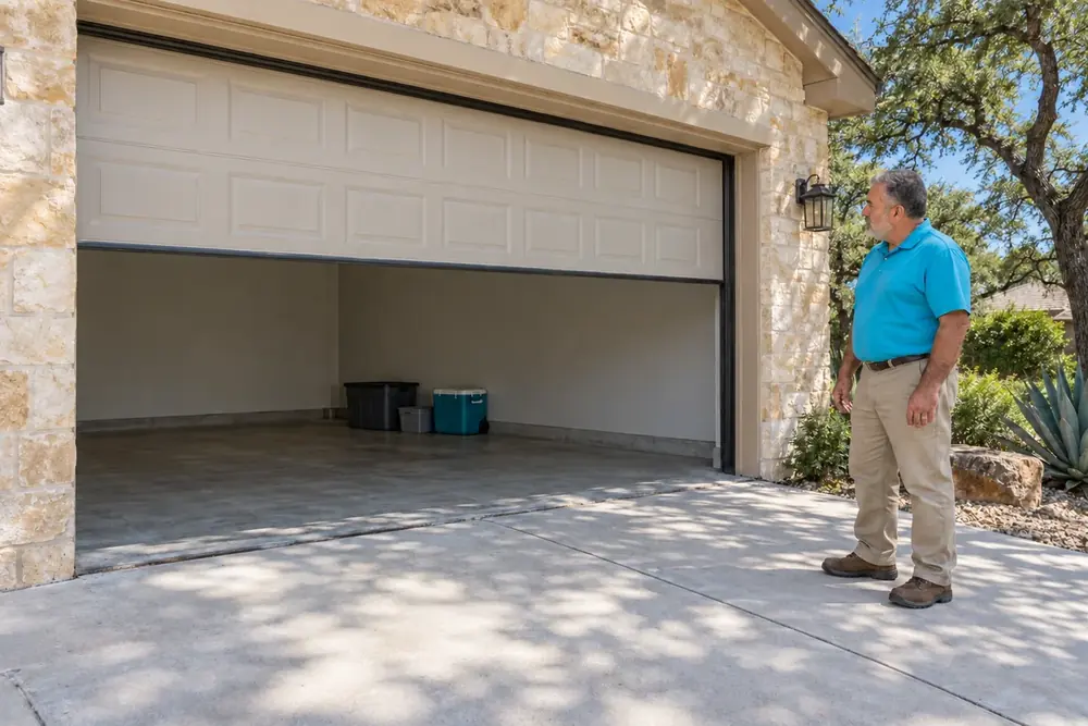 Technician checks whether a half-open garage door sits level at a limestone home